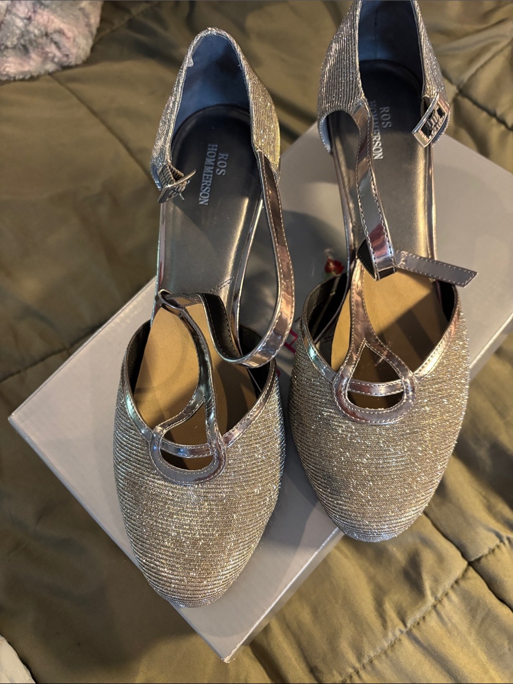 Ros Hommerson Silver T-Strap Sparkle Heels